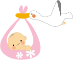 コウノトリが空を飛んで赤ちゃんを運んでいるイラスト