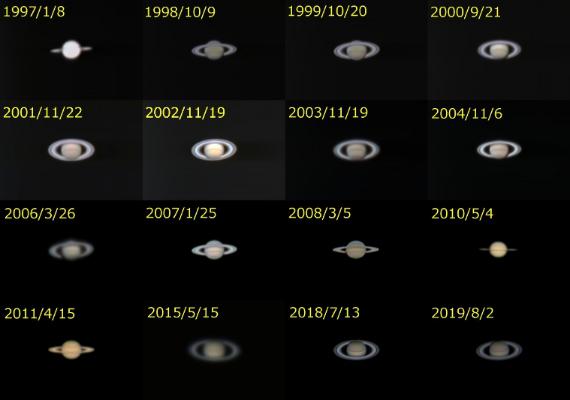 土星の環の傾きの変化の画像です。
