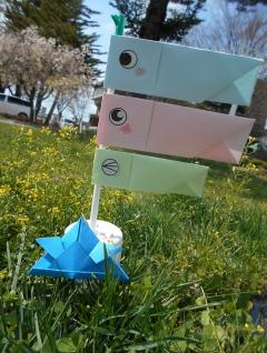 鯉のぼりと紙兜の写真