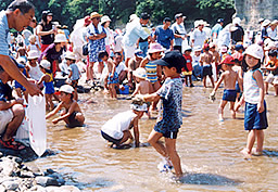 魚のつかみどりをしている子供たち