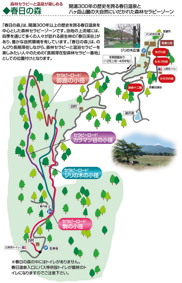春日の森は、開湯300年以上の歴史を誇る春日温泉と八ヶ岳山麓の大自然にいだかれた森林セラピーゾーンです。