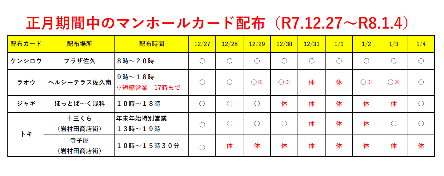 正月期間中のマンホールカード配布日程表