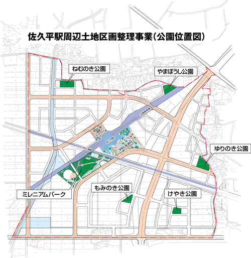 佐久平駅周辺土地区画整理事業で完成した公園の位置図の画像
