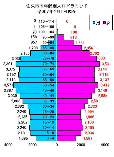 佐久市全体の年齢別人口ピラミッド