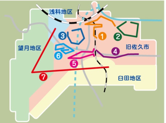 移動図書館「草笛号」が巡回する7つのコースを示した図